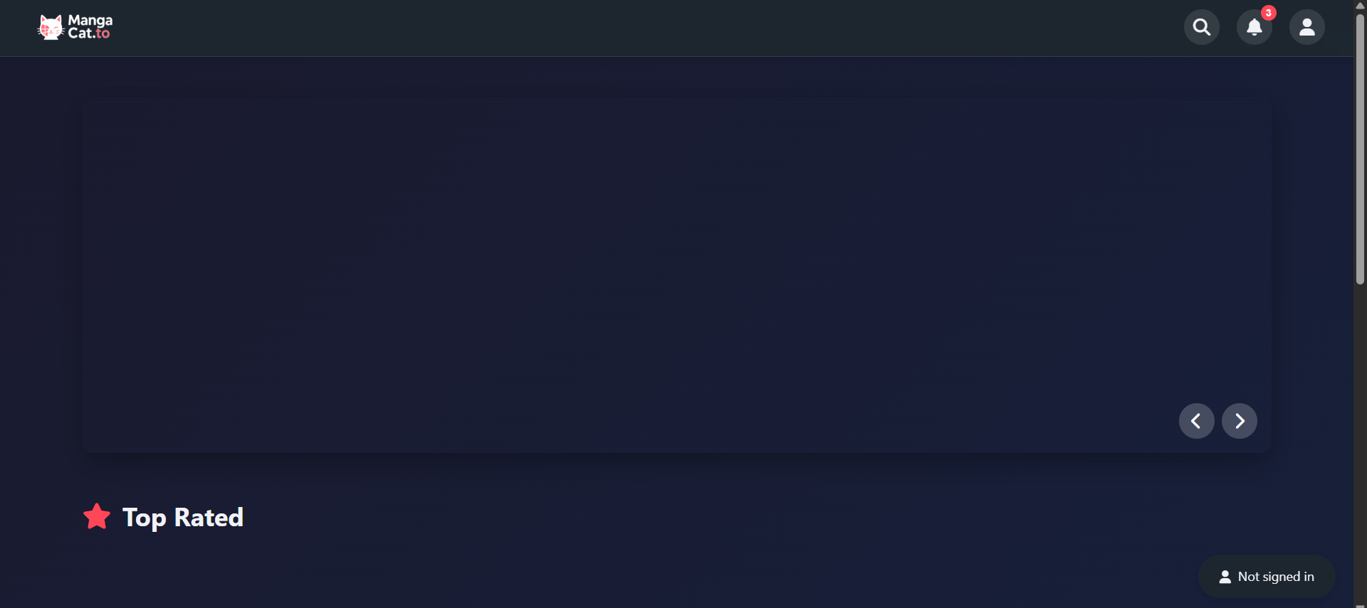 Mangacat.to homepage showing manga grid layout with missing images due to deleted backend
